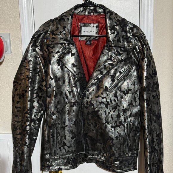 Handmade Custom Leather Jacket with Silver Camo Stamp Design